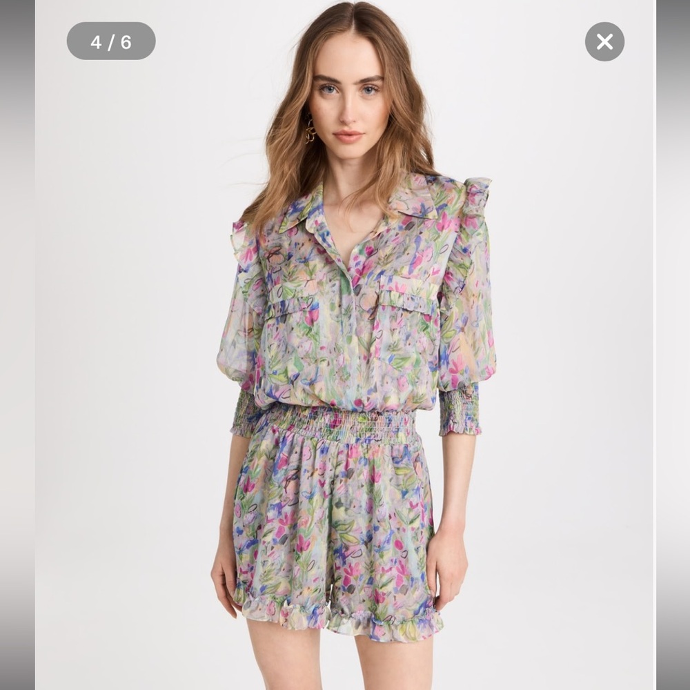 MISA Los Angeles Gracie Romper in Pastel Abstract XS Floral Ruffles